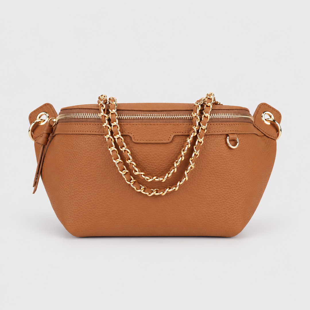 Chain Strap Zip Crescent Belt Bag Crossbody - Pebbled Leather in Brown - view 2