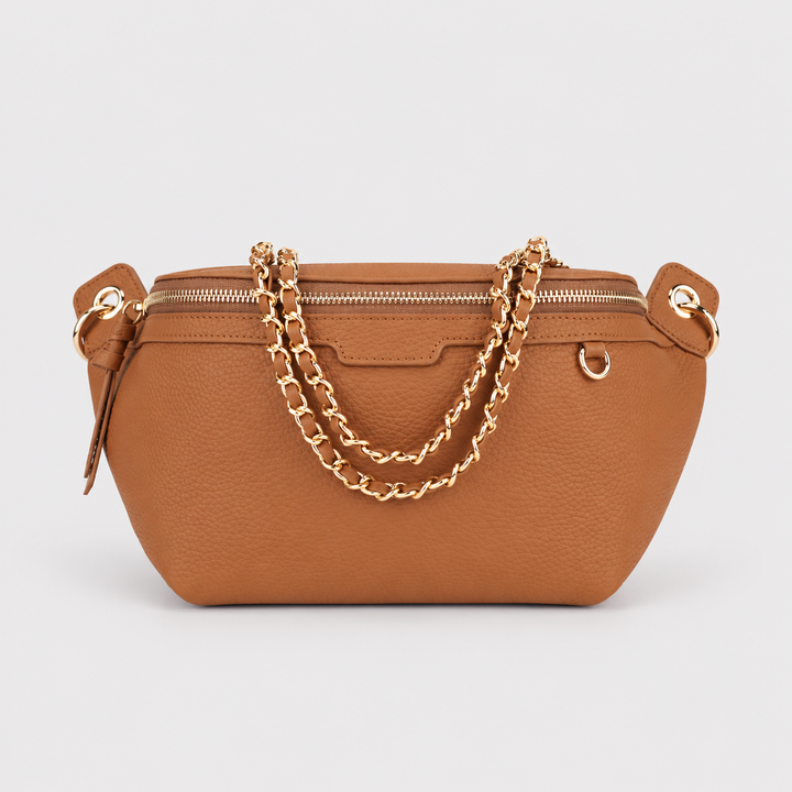 Chain Strap Zip Crescent Belt Bag Crossbody - Pebbled Leather in Brown - view 2