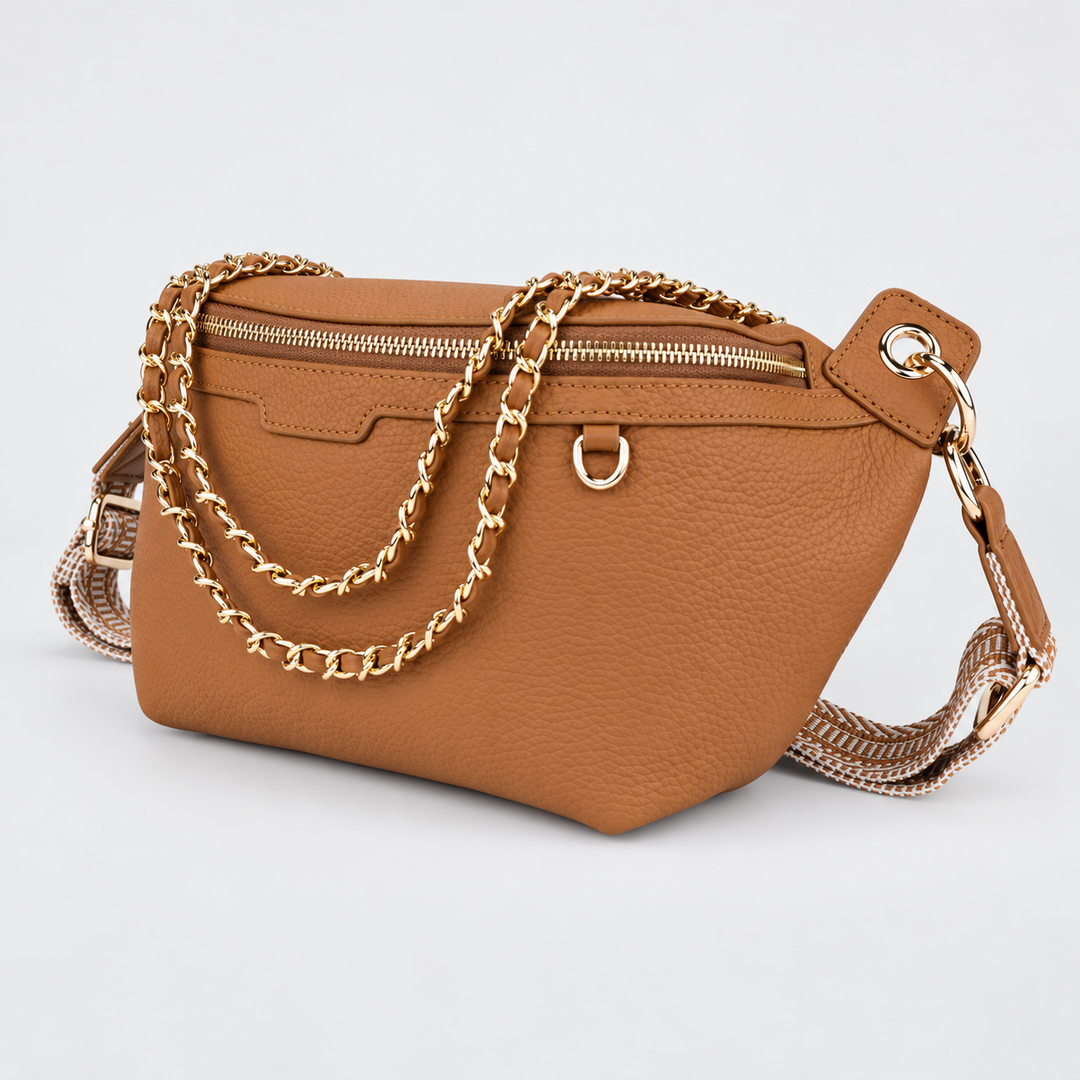 Chain Strap Zip Crescent Belt Bag Crossbody - Pebbled Leather in Brown - view 3