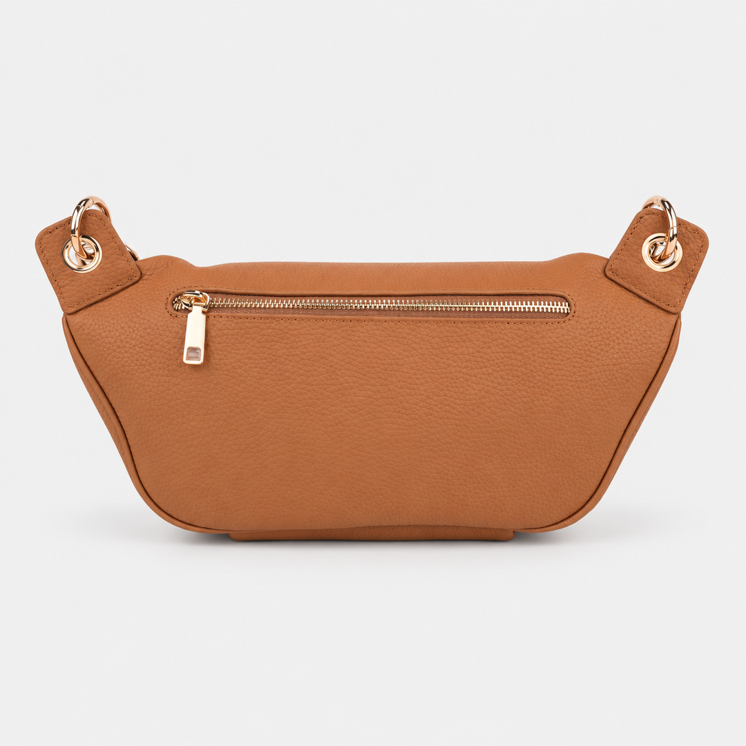 Chain Strap Zip Crescent Belt Bag Crossbody - Pebbled Leather in Brown - view 4