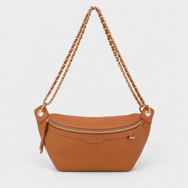 Chain Strap Zip Crescent Belt Bag Crossbody - Pebbled Leather in Brown - view 5