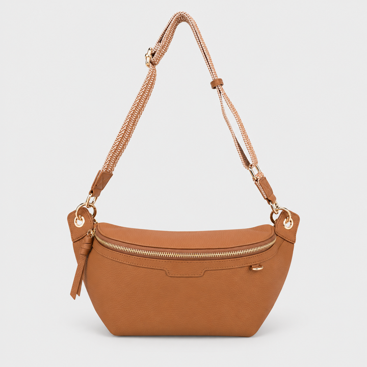 Chain Strap Zip Crescent Belt Bag Crossbody - Pebbled Leather in Brown - view 6
