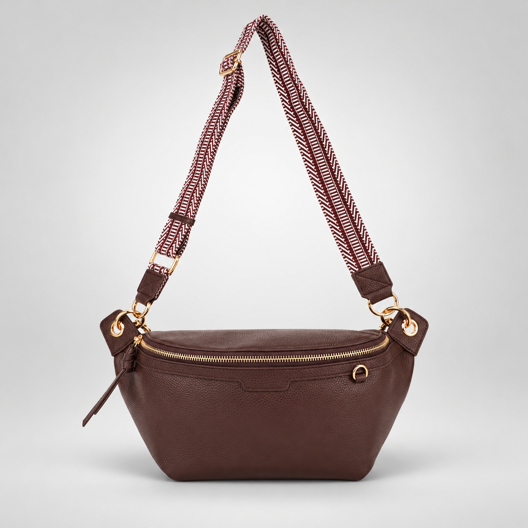 Chain Strap Zip Crescent Belt Bag Crossbody - Pebbled Leather in Burgundy - view 1