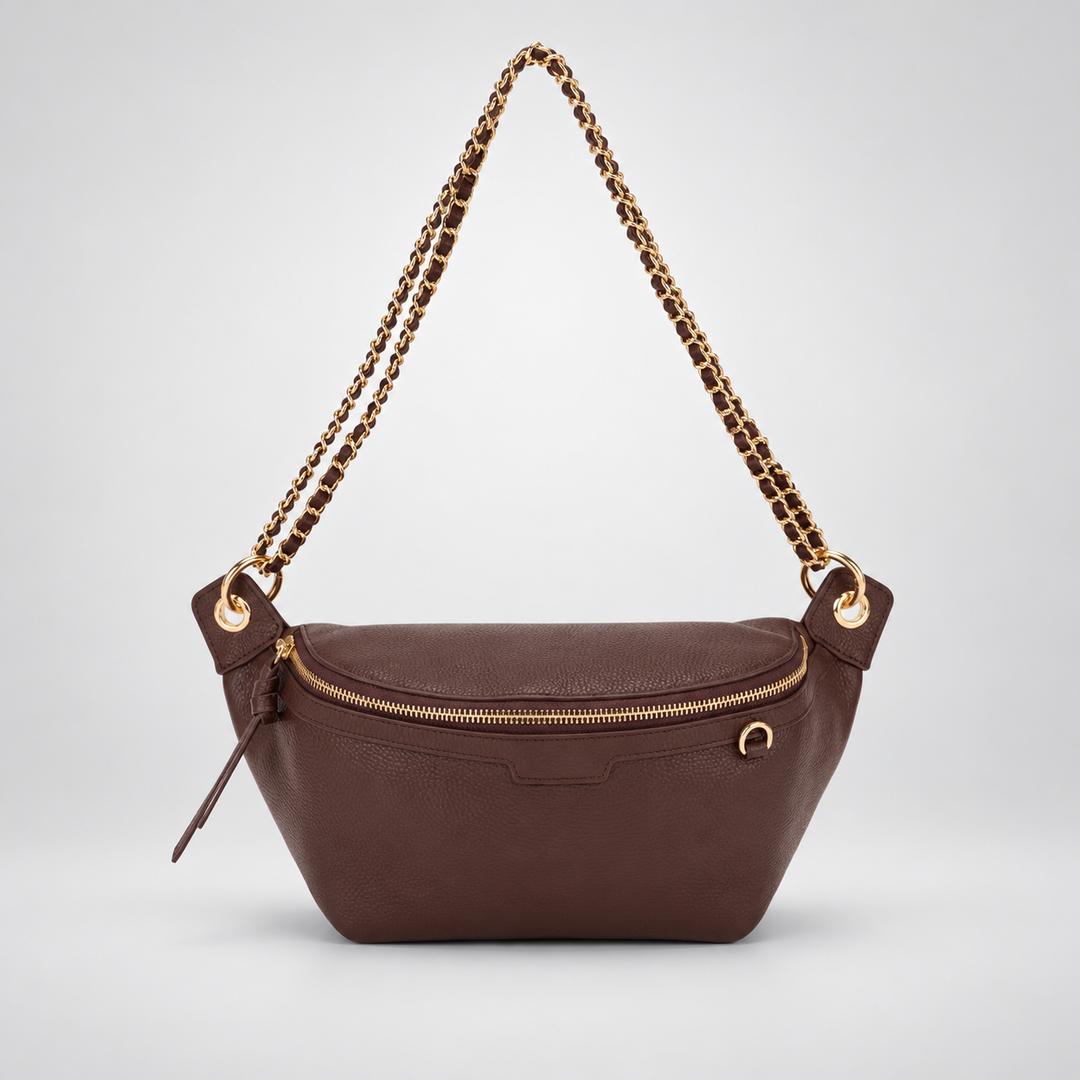 Chain Strap Zip Crescent Belt Bag Crossbody - Pebbled Leather in Burgundy - view 2