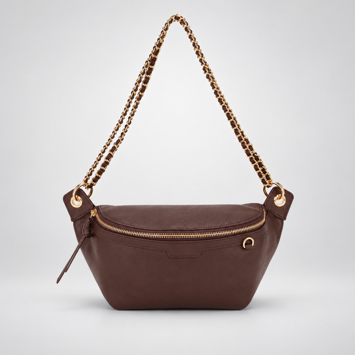 Chain Strap Zip Crescent Belt Bag Crossbody - Pebbled Leather in Burgundy - view 2