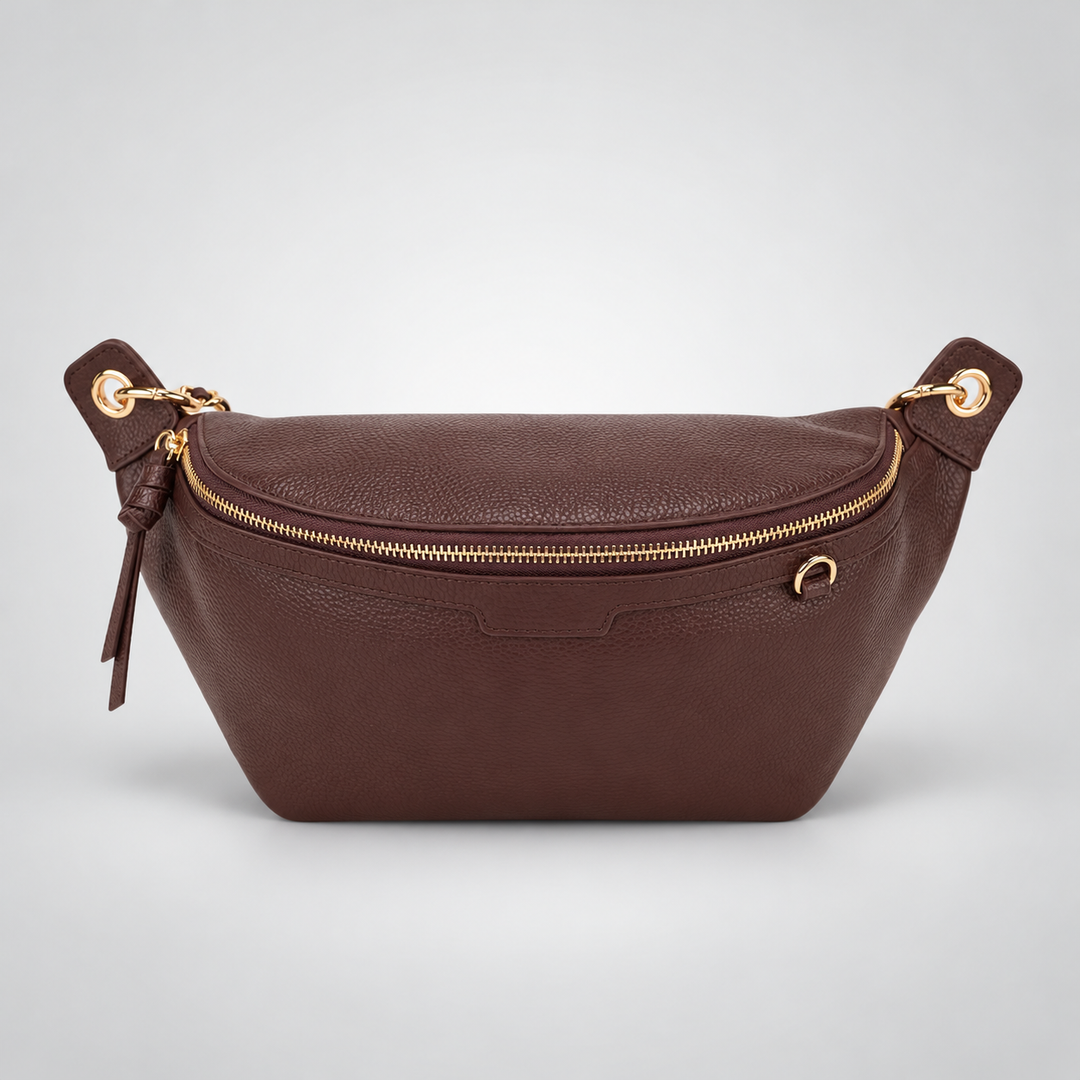 Chain Strap Zip Crescent Belt Bag Crossbody - Pebbled Leather in Burgundy - view 5