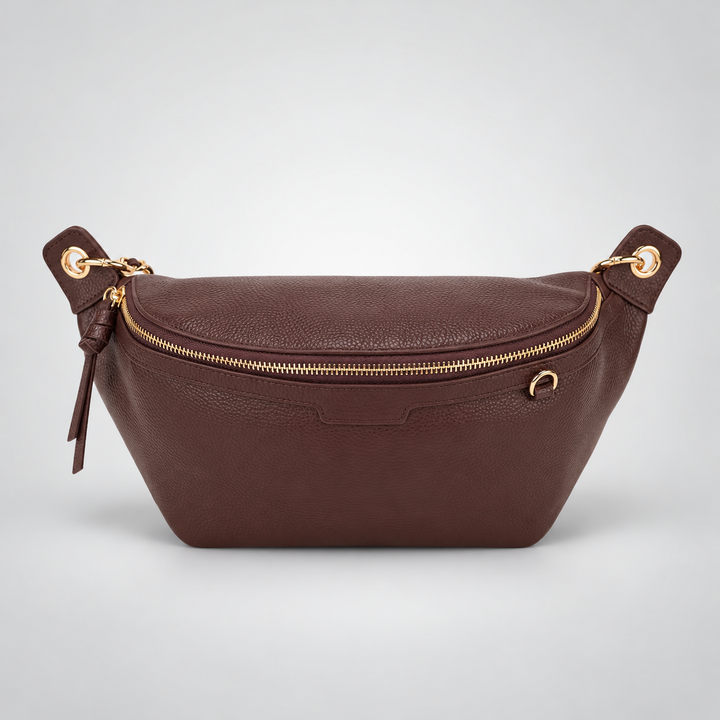 Chain Strap Zip Crescent Belt Bag Crossbody - Pebbled Leather in Burgundy - view 5