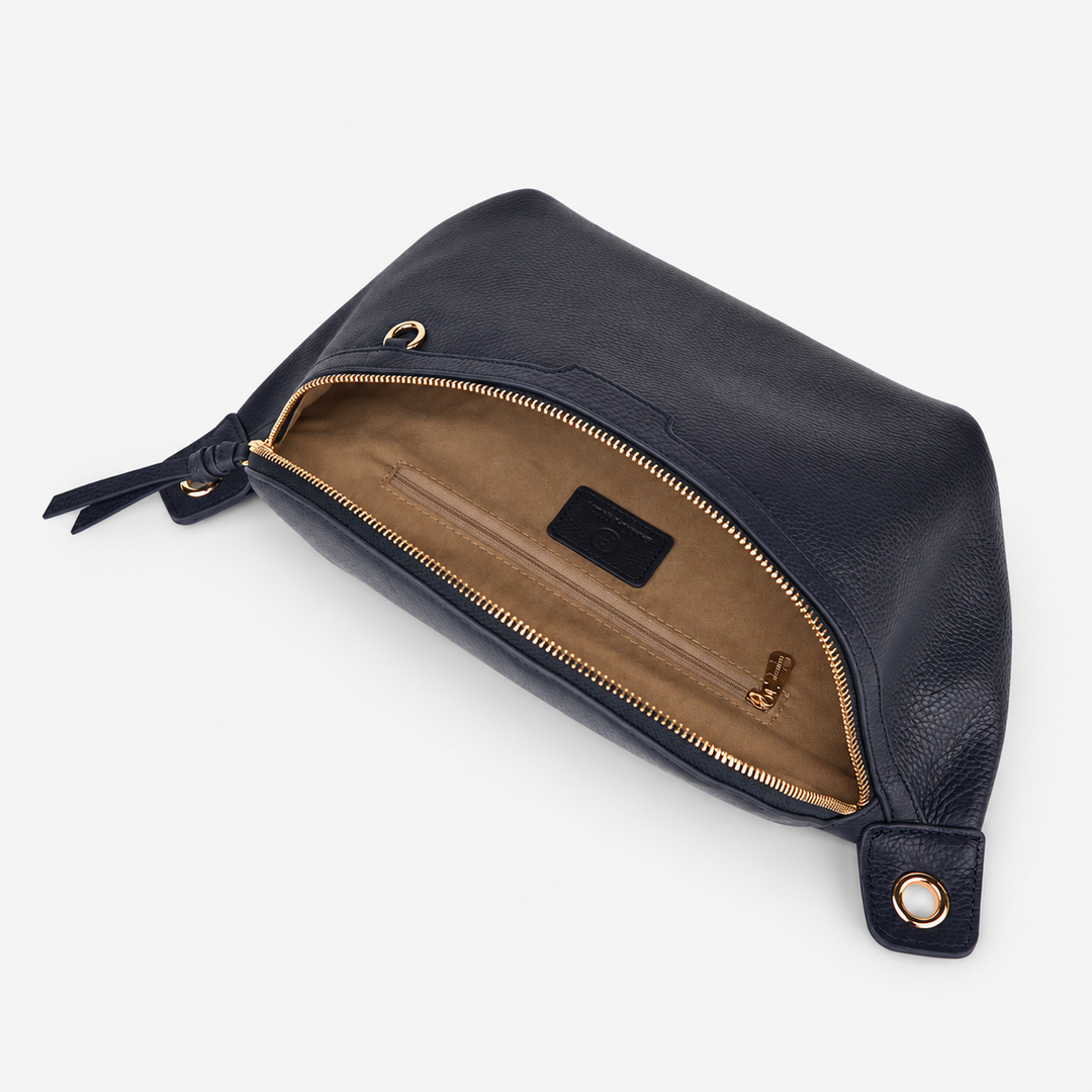 Chain Strap Zip Crescent Belt Bag Crossbody - Pebbled Leather in Navy Blue - view 1