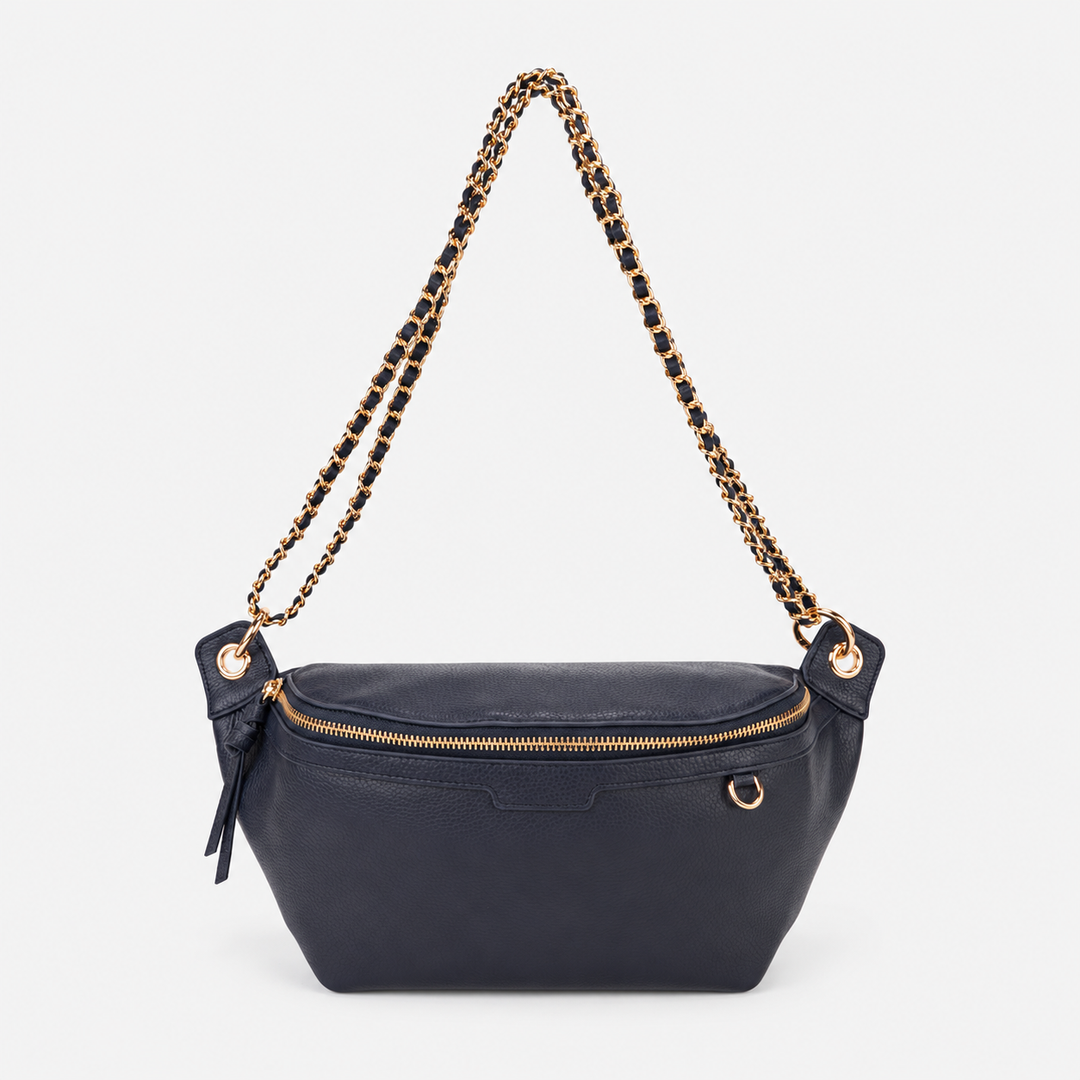 Chain Strap Zip Crescent Belt Bag Crossbody - Pebbled Leather in Navy Blue - view 2