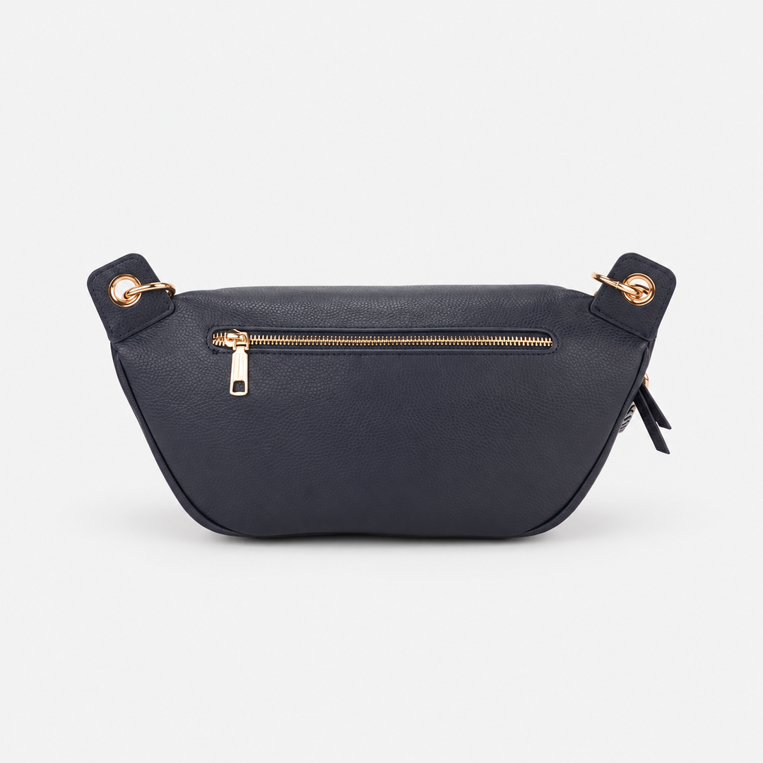 Chain Strap Zip Crescent Belt Bag Crossbody - Pebbled Leather in Navy Blue - view 3
