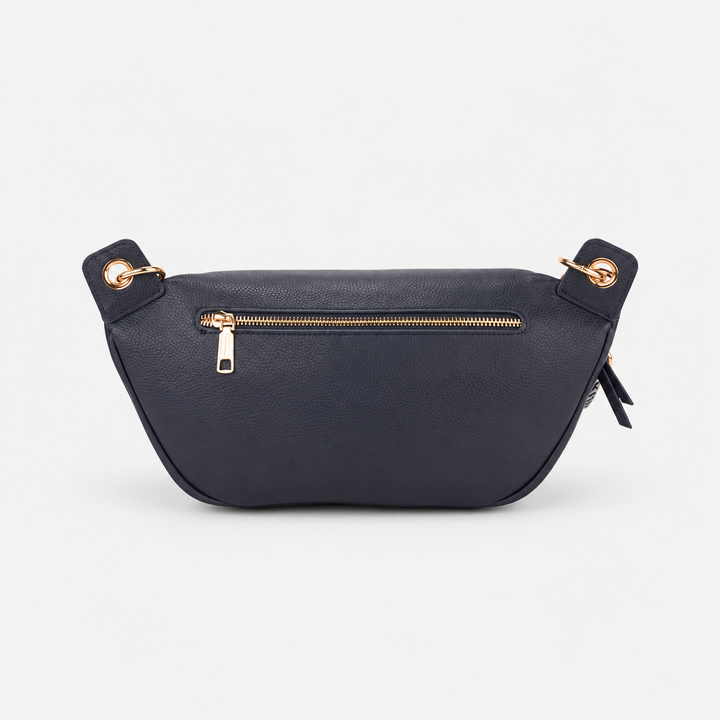 Chain Strap Zip Crescent Belt Bag Crossbody - Pebbled Leather in Navy Blue - view 3