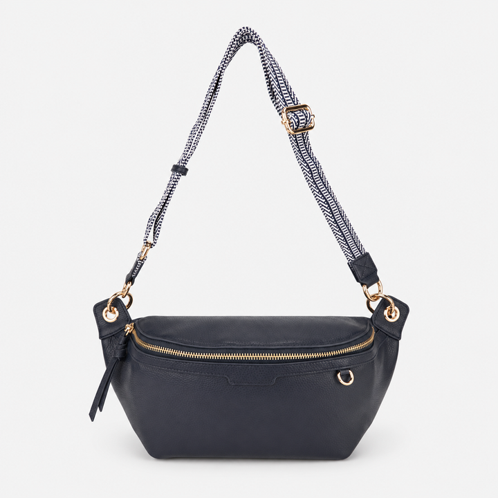 Chain Strap Zip Crescent Belt Bag Crossbody - Pebbled Leather in Navy Blue - view 4