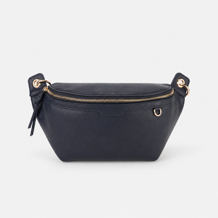 Chain Strap Zip Crescent Belt Bag Crossbody - Pebbled Leather in Navy Blue - view 5
