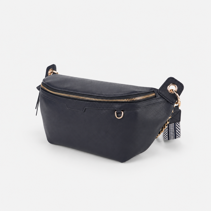 Chain Strap Zip Crescent Belt Bag Crossbody - Pebbled Leather in Navy Blue - view 6