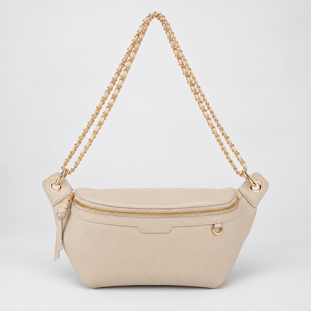 Chain Strap Zip Crescent Belt Bag Crossbody - Pebbled Leather in White - view 1