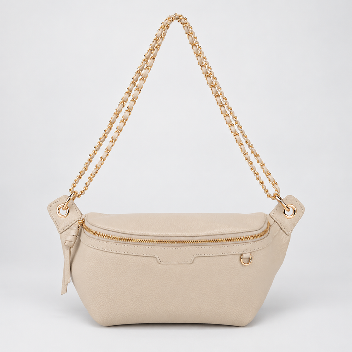 Chain Strap Zip Crescent Belt Bag Crossbody - Pebbled Leather in White - view 1
