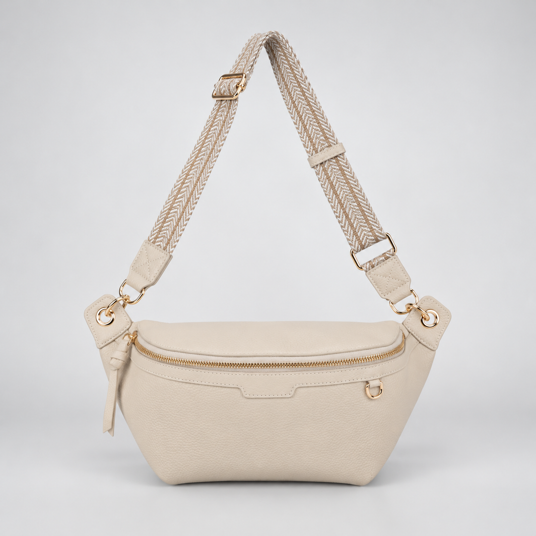 Chain Strap Zip Crescent Belt Bag Crossbody - Pebbled Leather in White - view 2
