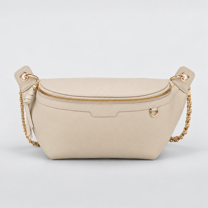 Chain Strap Zip Crescent Belt Bag Crossbody - Pebbled Leather in White - view 3