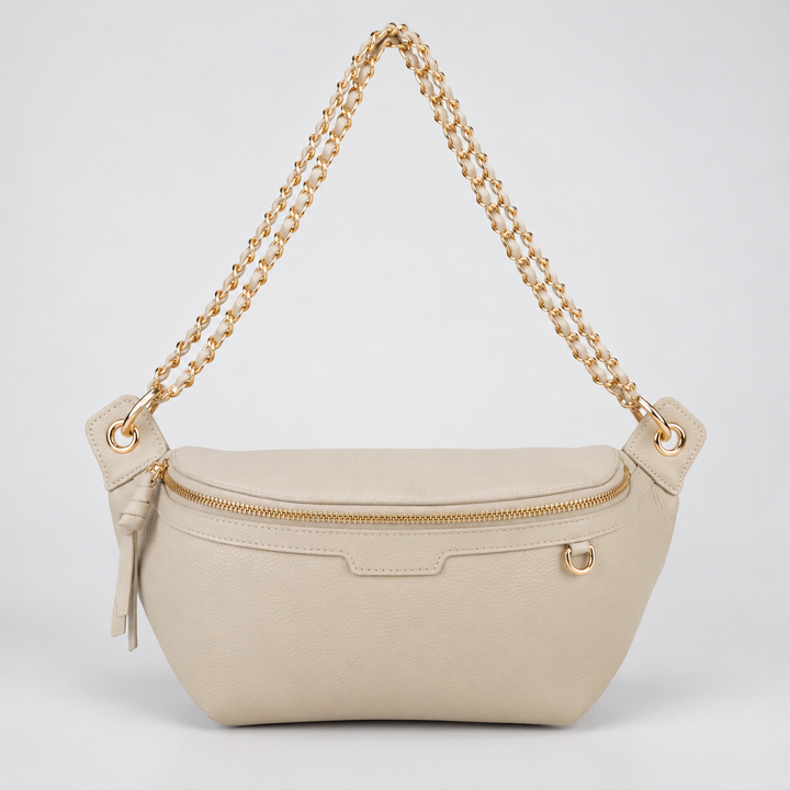 Chain Strap Zip Crescent Belt Bag Crossbody - Pebbled Leather in White - view 6