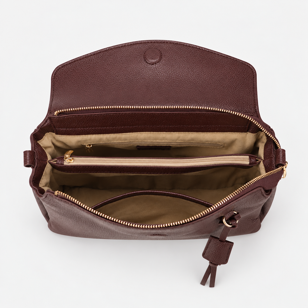Magnetic Flap Soft Pillow Bag Handbag Crossbody - Pebbled Leather in Burgundy - view 8