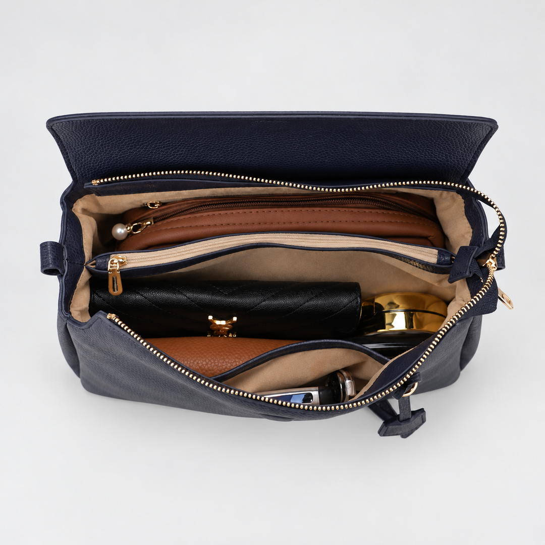 Magnetic Flap Soft Pillow Bag Handbag Crossbody - Pebbled Leather in Navy Blue - view 7
