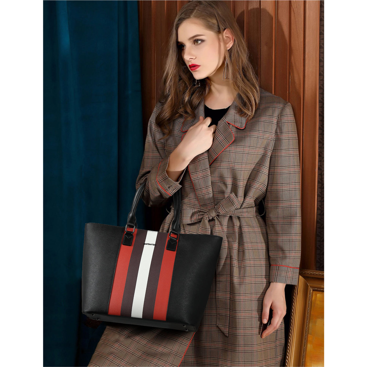 BOSTANTEN Women Tote Bag Genuine Leather Handbags Purses Shoulder Satchel Purse Work Bag Stripe Pattern - BOSTANTEN