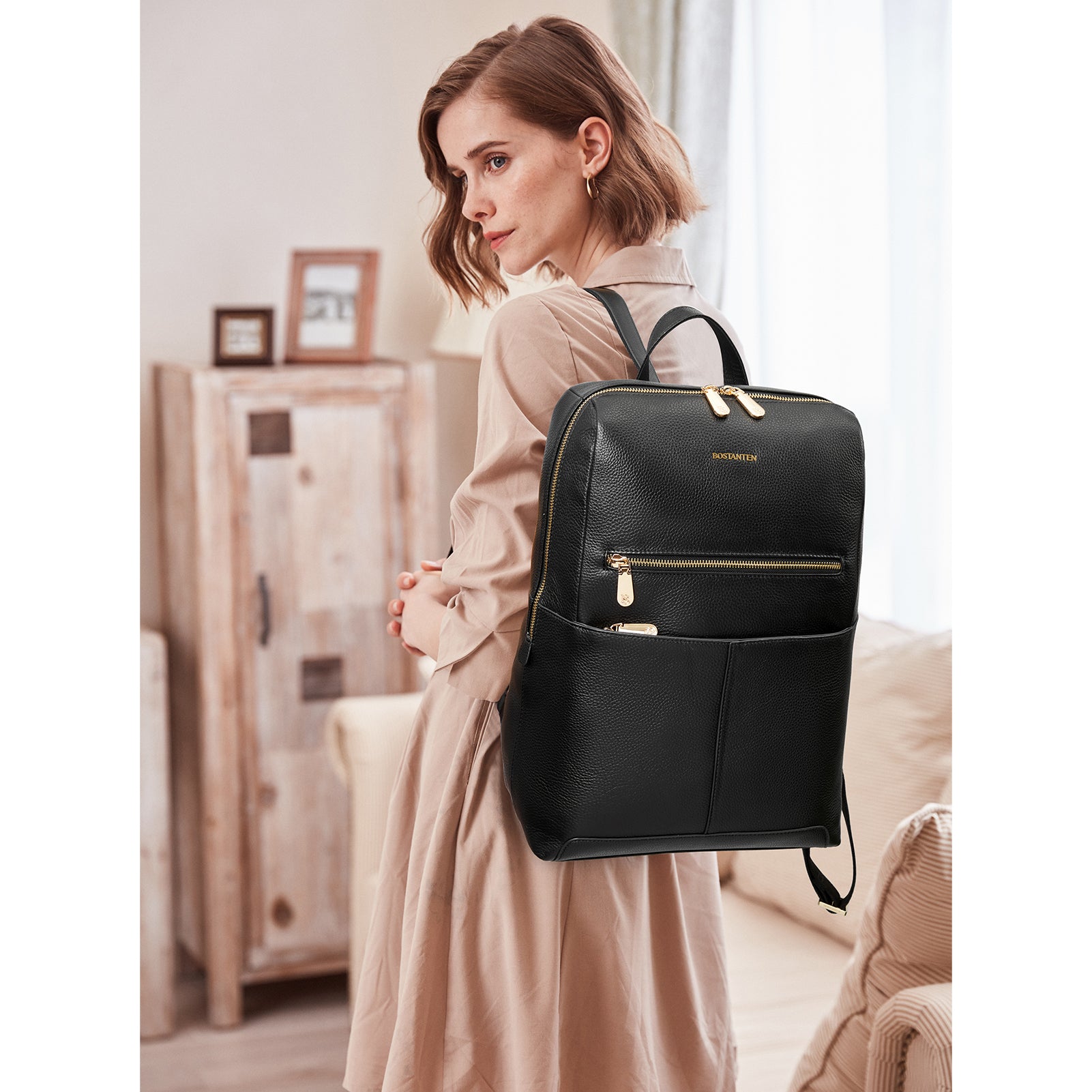 bostanten leather backpack BOSTANTEN Leather Laptop Backpack for Women 15.6 inch Computer Bag College Shoulder Bag Casual Daypack Travel Bag