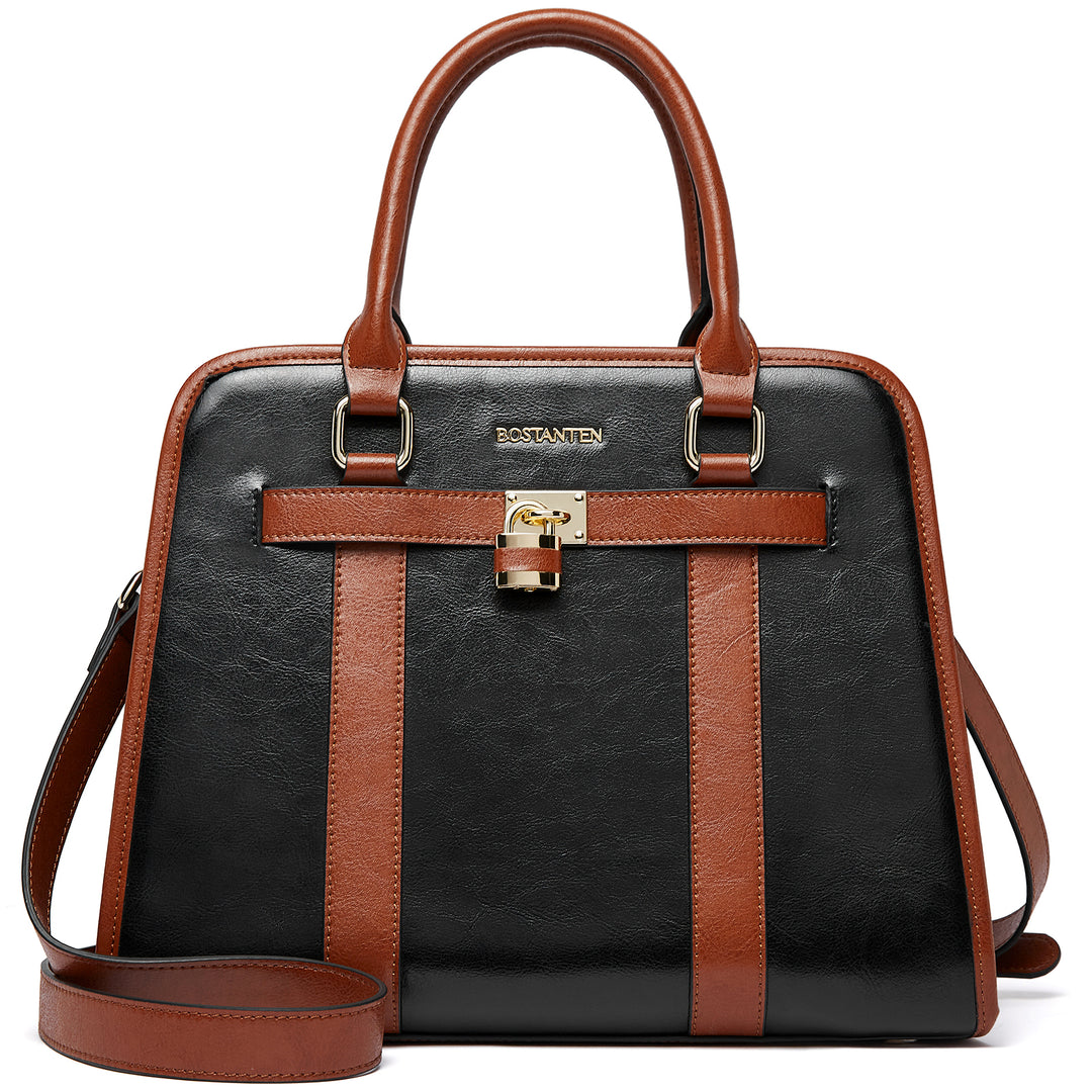 BOSTANTEN Women Leather Handbags Designer Satchel Purses Two-Tone Top Handle Work Shoulder Tote Bags - BOSTANTEN