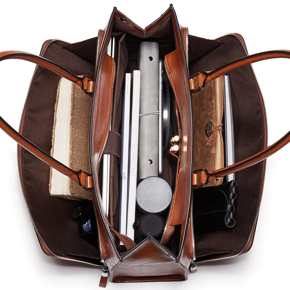 Carol Minimalist Leather Briefcase — Long shoulder strap - BOSTANTEN
