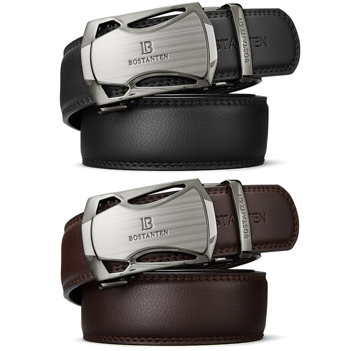 BOSTANTEN Men's Ratchet Dress Belts 2 Packs, Genuine Leather Belts for Men with Click Sliding Bunkle, Trim to Fit - BOSTANTEN