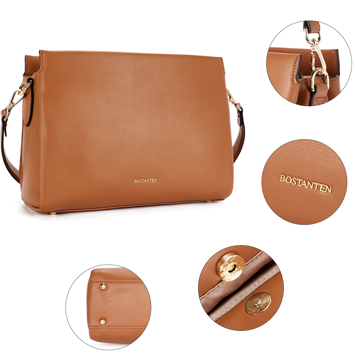 BOSTANTEN Women Leather Purses Handbags Designer Satchel Bag Shoulder Top Handle Tote Bags Triple Compartment - BOSTANTEN