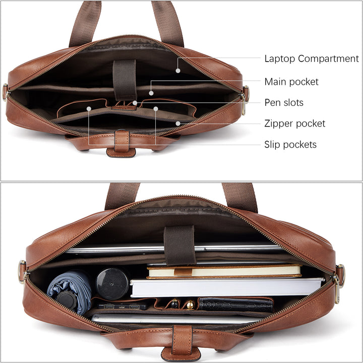 Soft Leather Briefcase with Shoulder Strap for 15.6 inch Laptop - Perfect for Men
