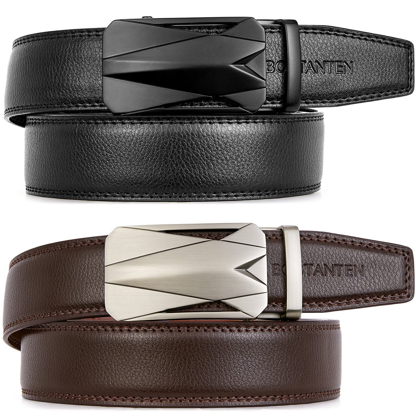 BOSTANTEN Men's Ratchet Dress Belts 2 Packs, Genuine Leather Belts for Men with Click Sliding Bunkle, Trim to Fit - BOSTANTEN