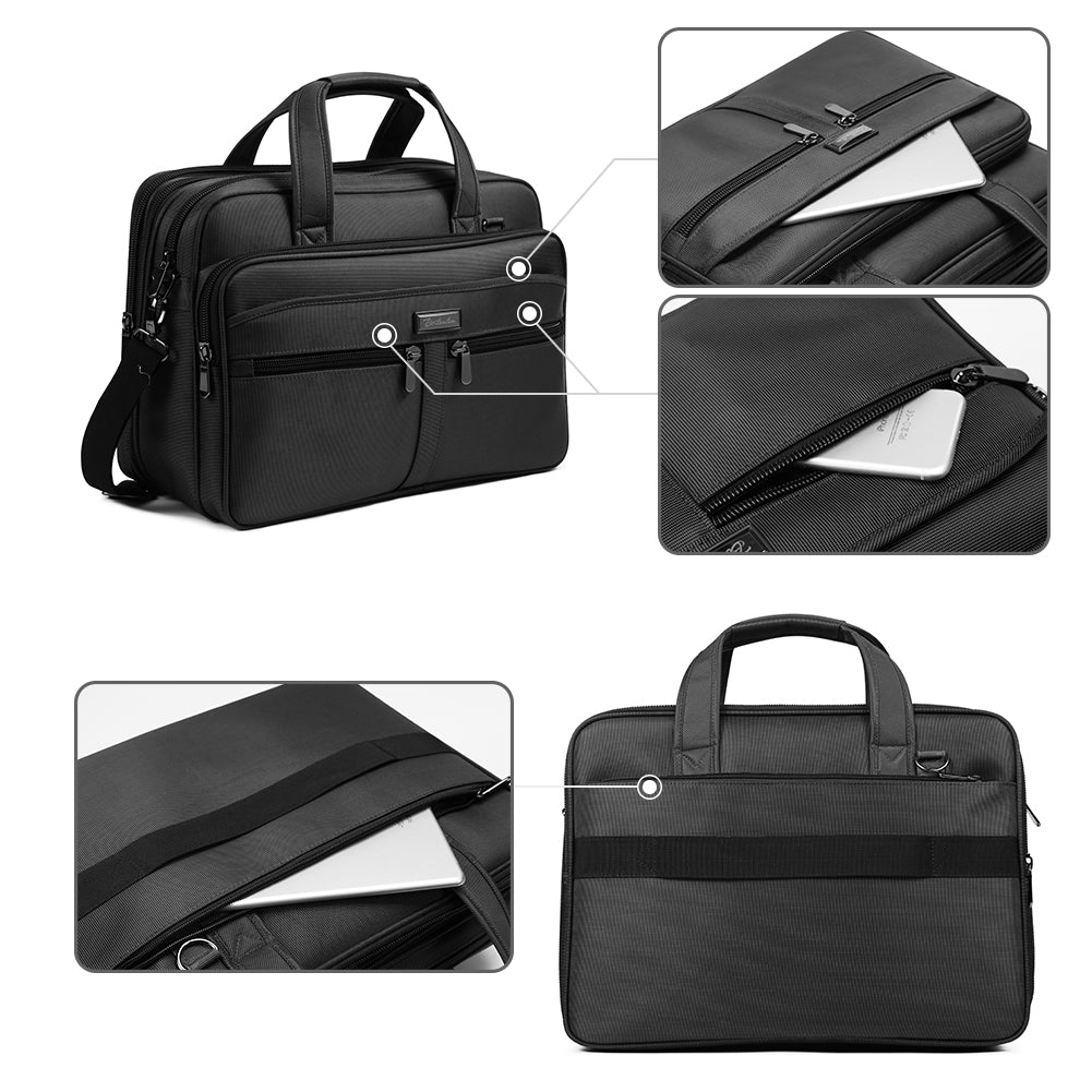 Black Satchel, Black Leather Laptop Bag, Expandable Leather Messenger