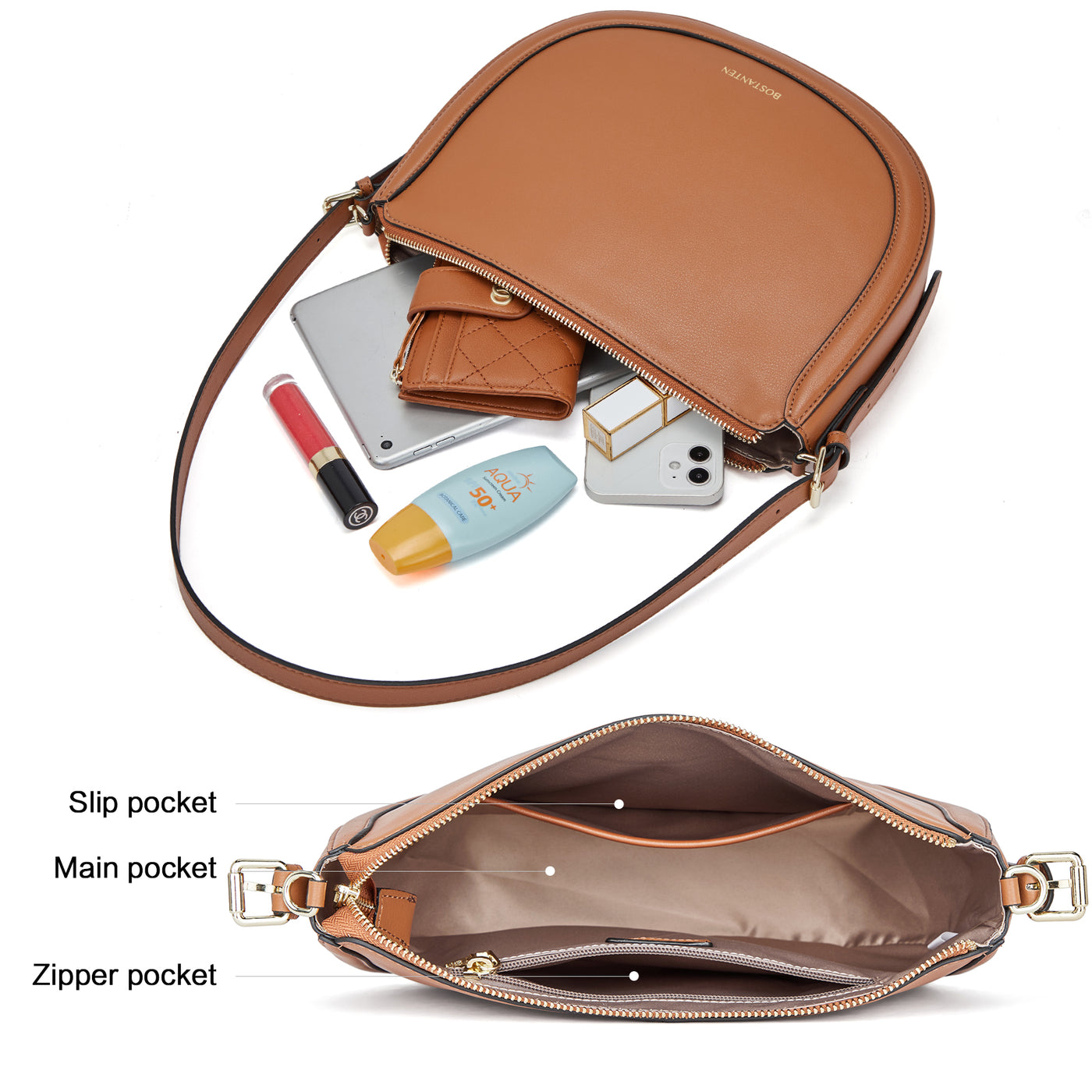 BOSTANTEN Women Shoulder Tote HandBag Designer Leather Purses Crossbody Bags with Zipper - BOSTANTEN