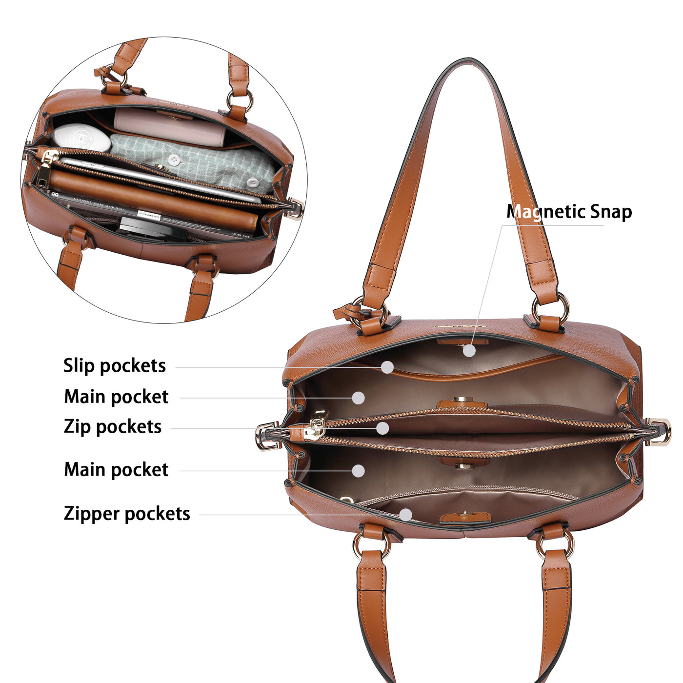 BOSTANTEN Women Leather Handbags Designer Tote Purses Ladies Fashion Satchel Top Handle Bags Triple Compartment - BOSTANTEN