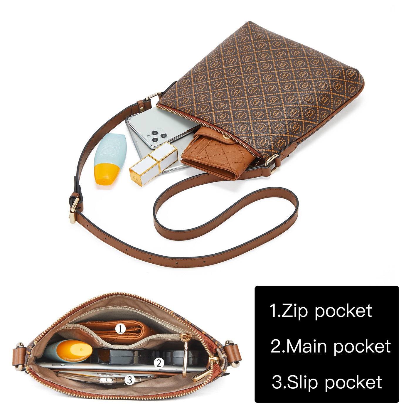 BOSTANTEN Crossbody Bags for Women Leather Zipper Pocket Crossbody Shoulder Purses Medium Size