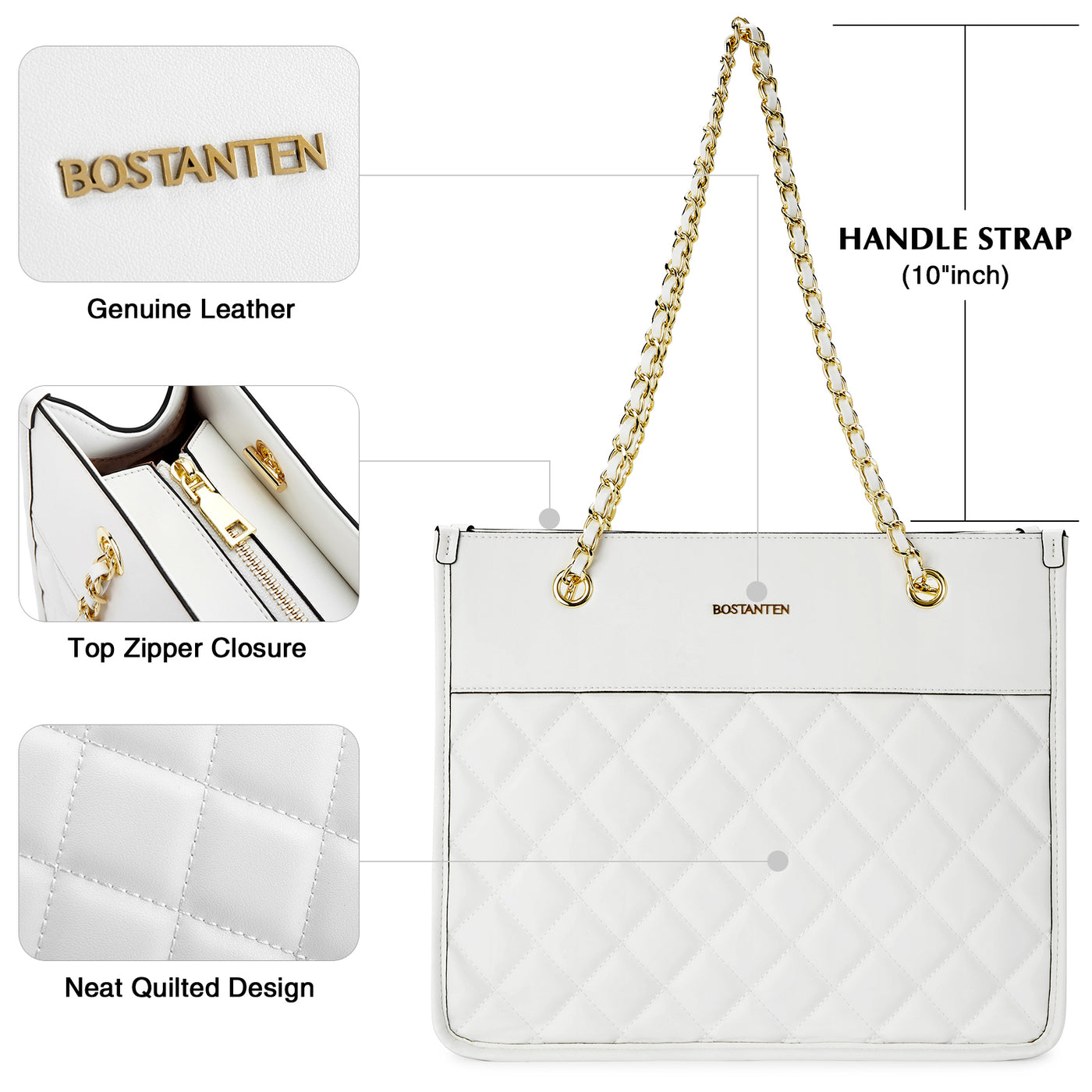 BOSTANTEN Handbags for Women Designer Leather Purses Quilted Shoulder Tote Bag with Chain Strap - BOSTANTEN