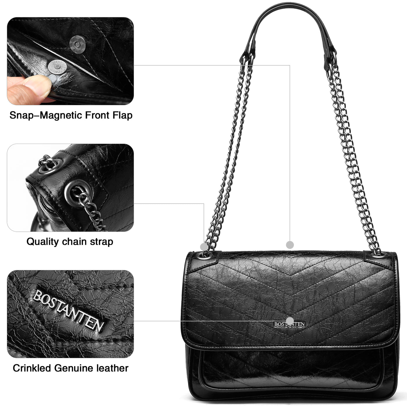 BOSTANTEN Women's Leather Handbag Designer Chevron Quilted Crossbody Bag Fashion Chain Strap Shoulder Purses - BOSTANTEN