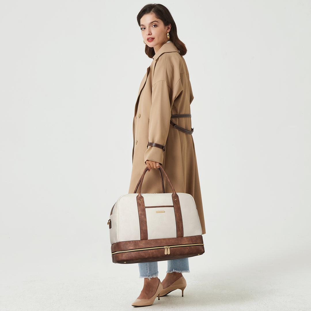 chic travel duffel bag BOSTANTEN Leather Weekender for Women Leather Overnight Bag, Beige with Brown overnight/weekender bag Zenobe Chic and Practical: Women's