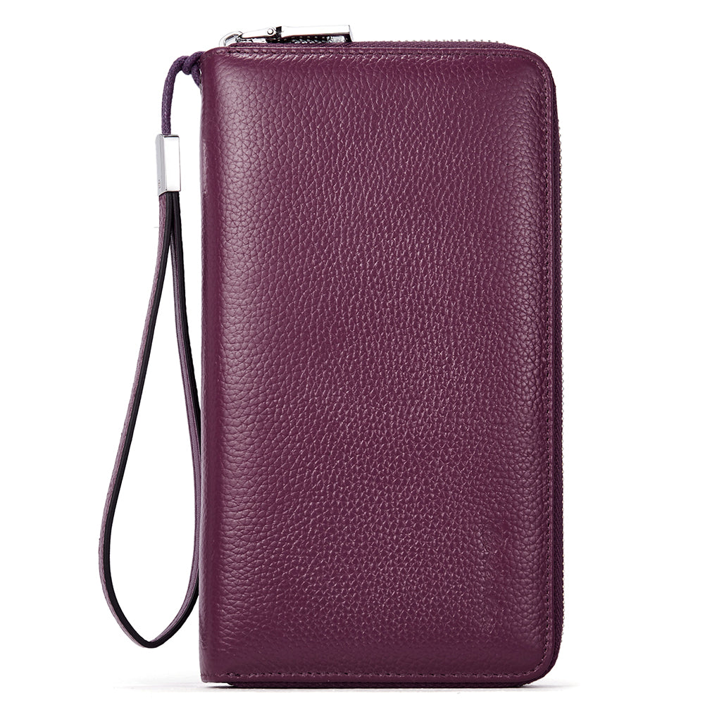 Roulens Women's RFID Blocking Wallet - PU Leather Leaf Pendant Card Holder With Zipper Coin Purse, Deep Purple