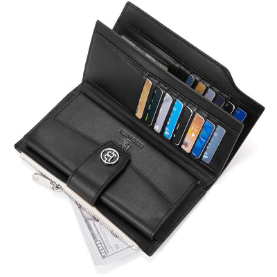 BOSTANTEN Womens Wallet Genuine Leather Wallets Large Capacity Cash Cluth Purses with Zipper Beige Black - BOSTANTEN